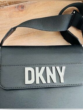 DKNY 100% Leather Black Crossbody with Silver Logo Hardware